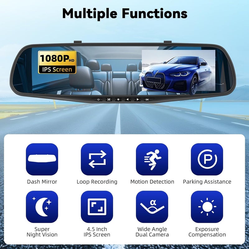 UNITOPSCI Mirror Dash Cam 4.5 Inch Rear View Mirror Camera 1080P Front and 480P Rear View Dual Cameras with 32G Card, Motion Detection, Night Vision, Parking Assistance, Loop Recording，Exposure Adjustment - Image 2